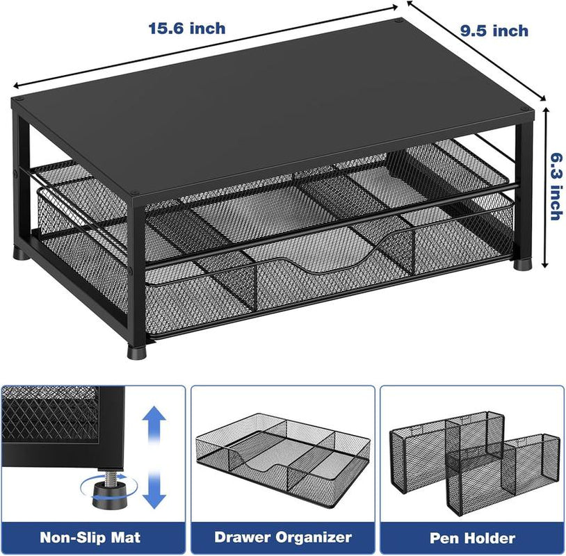 Desk Organizer & Accessories - 2-Tier Computer Monitor Stand with Drawer & 2 Pen Holders, Black, Office Desk Accessories for Office Supplies