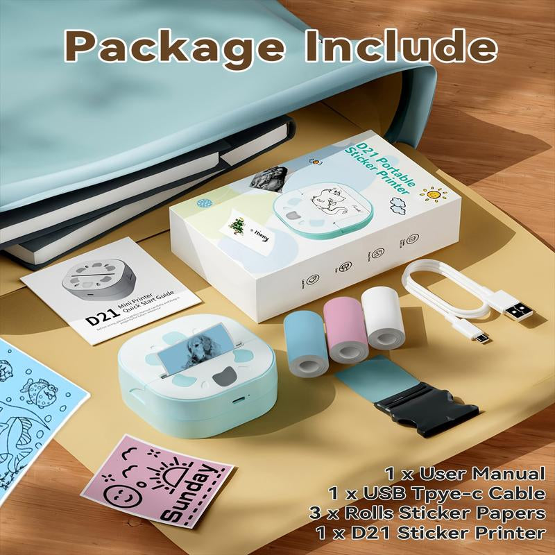 Sticker Printer, Printpods Mini Printer, Bluetooth Portable Sticker Maker with 3 Rolls Paper, Print Pod Inkless Thermal Printers for Iphone, Impresora Portátil for Notes, Journal, DIY, Kids Gift