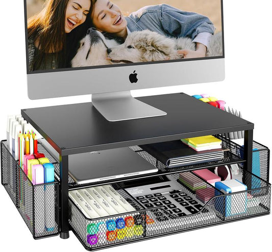 Desk Organizer & Accessories - 2-Tier Computer Monitor Stand with Drawer & 2 Pen Holders, Black, Office Desk Accessories for Office Supplies