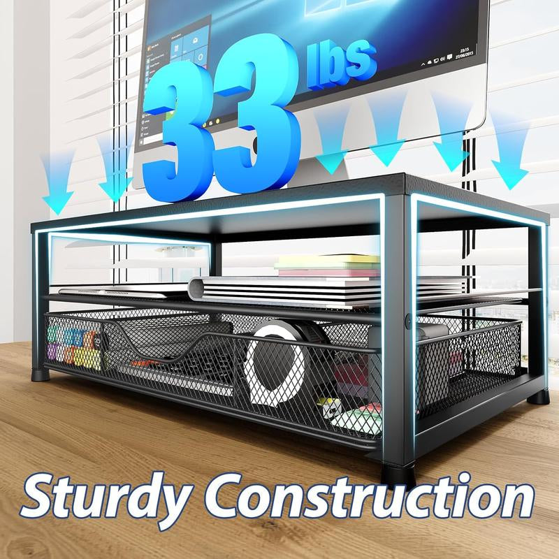 Desk Organizer & Accessories - 2-Tier Computer Monitor Stand with Drawer & 2 Pen Holders, Black, Office Desk Accessories for Office Supplies