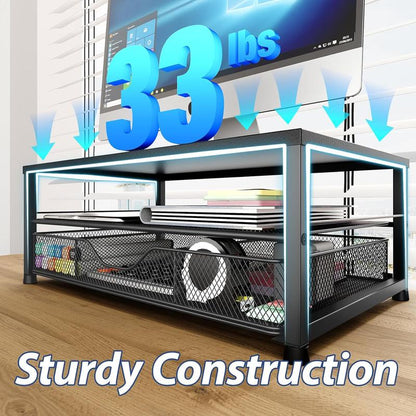 Desk Organizer & Accessories - 2-Tier Computer Monitor Stand with Drawer & 2 Pen Holders, Black, Office Desk Accessories for Office Supplies