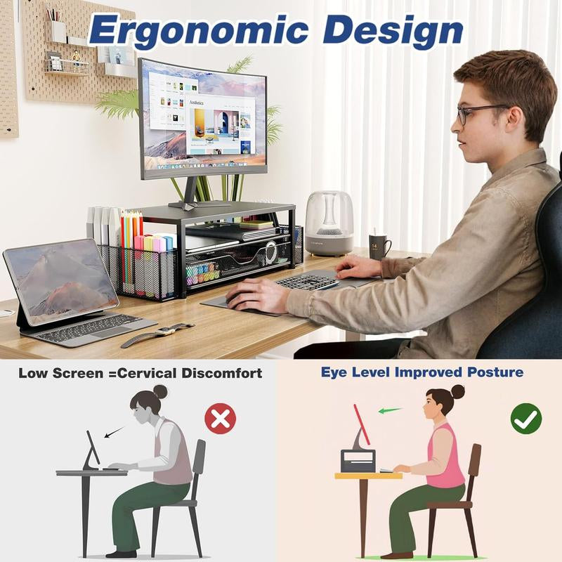 Desk Organizer & Accessories - 2-Tier Computer Monitor Stand with Drawer & 2 Pen Holders, Black, Office Desk Accessories for Office Supplies
