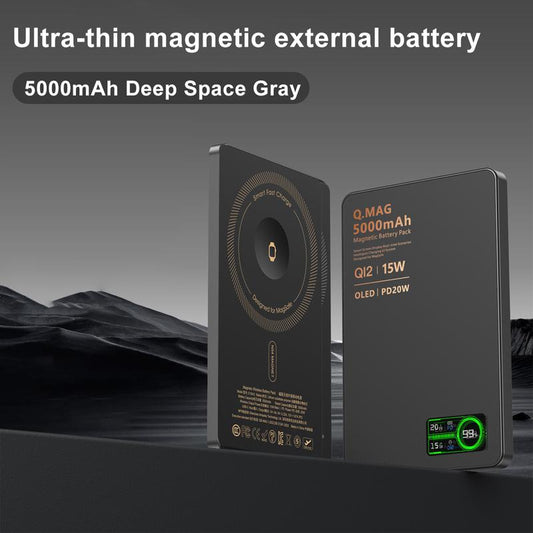 Magnetic Magsafe Wireless Power Bank 15W USB-C Fast Charging 5000Mah Ultra Slim 0.35 Inches Card-Style Portable Charger Battery Pack with Type-C Cable Compatible with Iphone and Android Smartphones Watch Wireless Headphones with Aluminum Metallic Texture