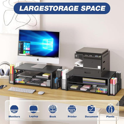 Desk Organizer & Accessories - 2-Tier Computer Monitor Stand with Drawer & 2 Pen Holders, Black, Office Desk Accessories for Office Supplies