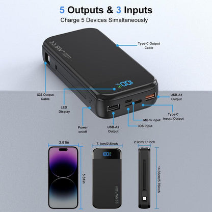32000Mah Portable Charger with Built-In Cables, 22.5W Super Fast Charging Power Bank, Dual USB Output, 5 Outputs & 3 Inputs, 5 Outputs LCD Display Travel Battery Pack Compatible with Iphone, Samsung All Cell Phones