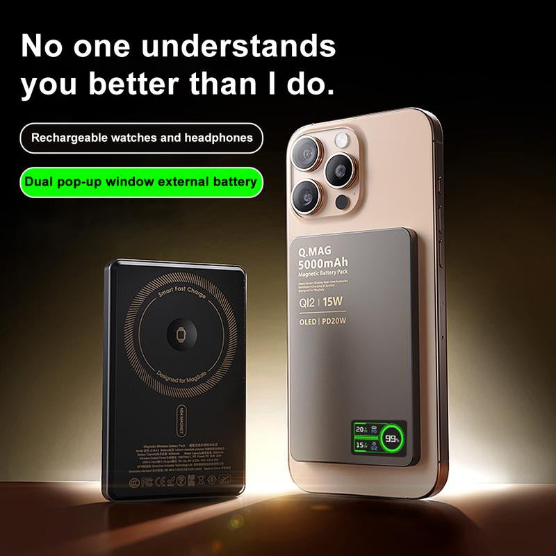 Magnetic Magsafe Wireless Power Bank 15W USB-C Fast Charging 5000Mah Ultra Slim 0.35 Inches Card-Style Portable Charger Battery Pack with Type-C Cable Compatible with Iphone and Android Smartphones Watch Wireless Headphones with Aluminum Metallic Texture