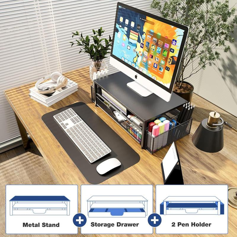 Desk Organizer & Accessories - 2-Tier Computer Monitor Stand with Drawer & 2 Pen Holders, Black, Office Desk Accessories for Office Supplies