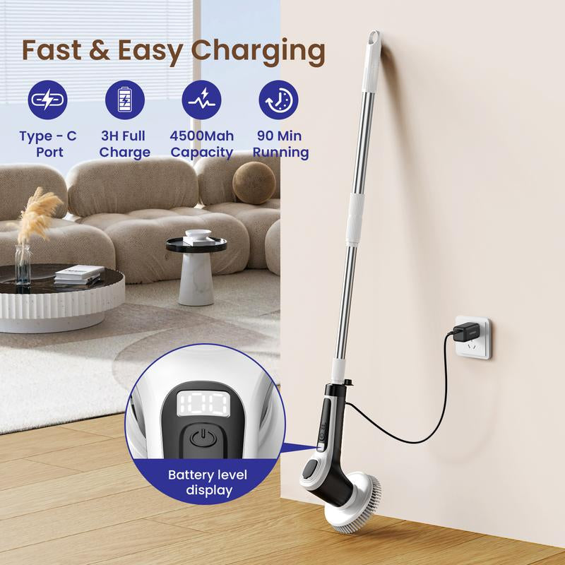 【Live Only】Pkbd Electric Spin Scrubber with Long Handle, Adjustable Arm, 6 Replaceable Brush Heads for Bathroom,Kitchen, Tile, Home Cleaning Supplies,Rechargeable